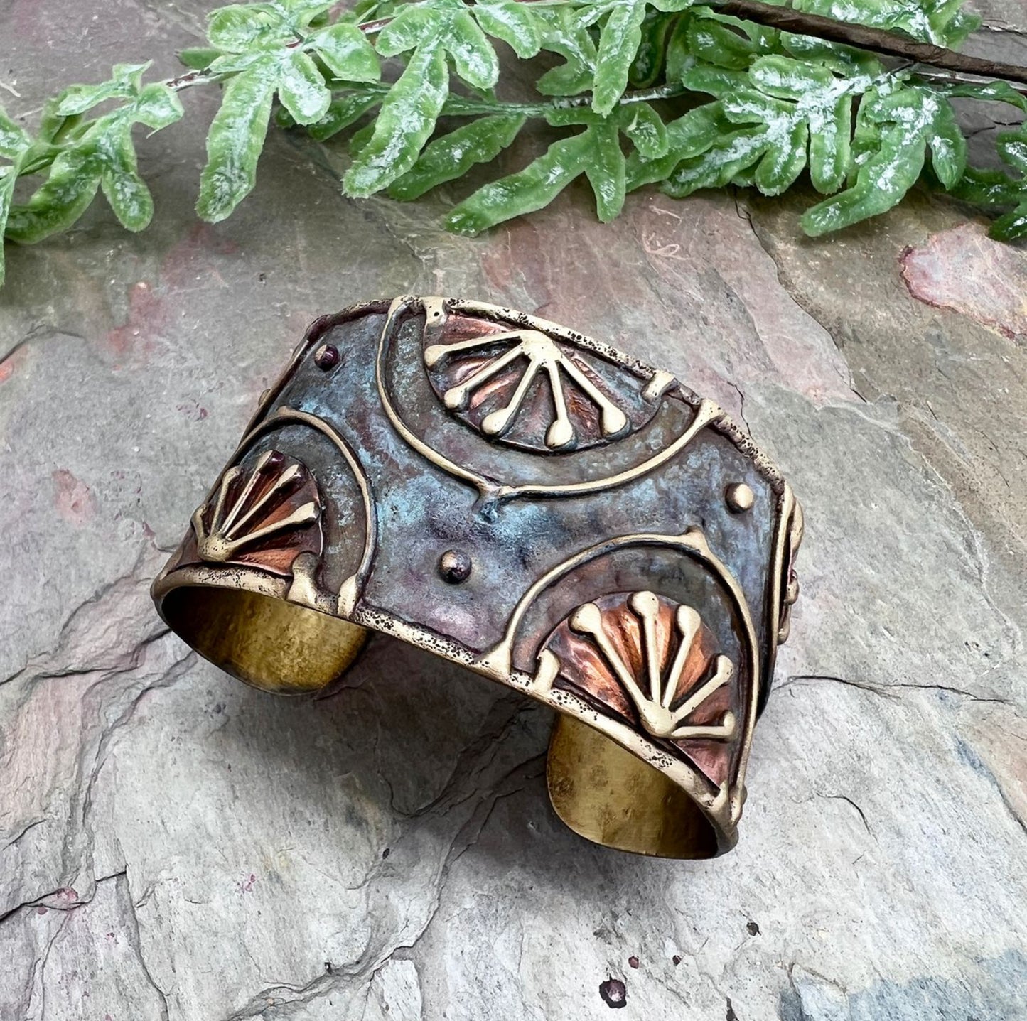 HANDCRAFTED BRASS PATINA CUFF - RUSTIC BLUE RISING SUN by ANJU JEWELRY®️