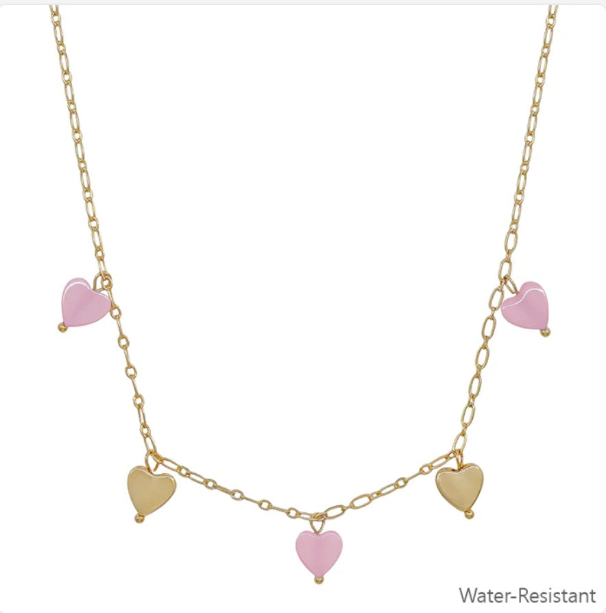 Water Resistant Gold Heart and Pink Heart Charm 16"-18" Necklace