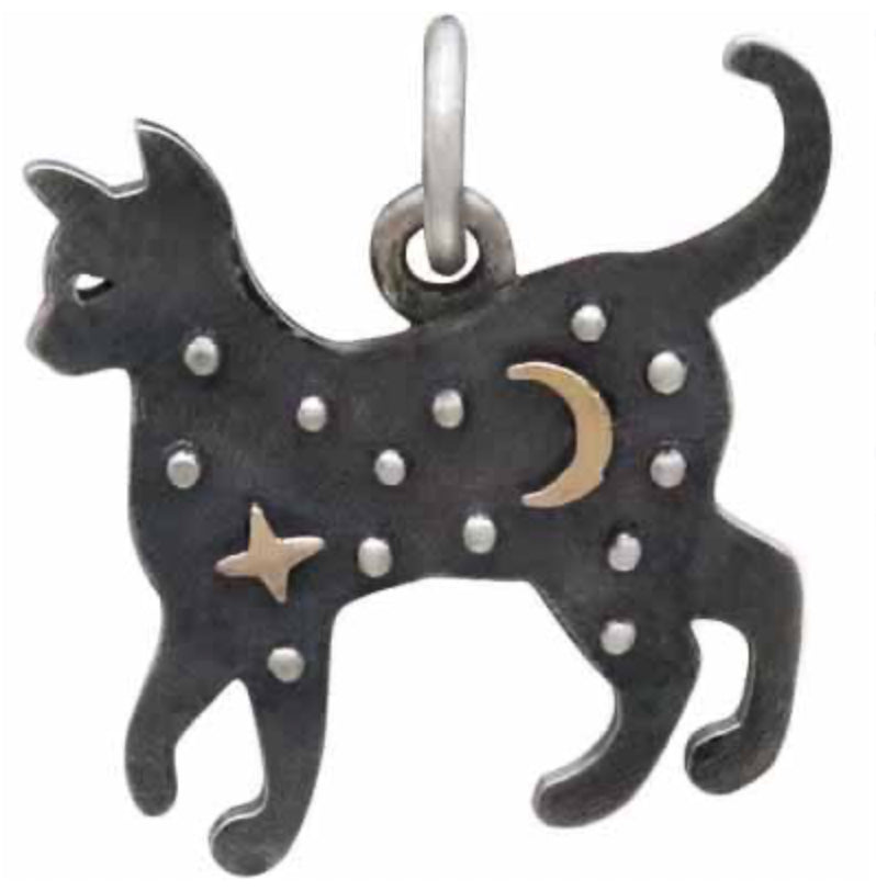 STERLING SILVER 16” NECKLACE WITH CAT CHARM BRONZE STAR AND MOON