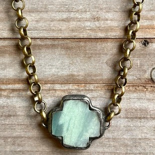 AMAZONITE CROSS ON BRONZE ROLO CHAIN NECKLACE