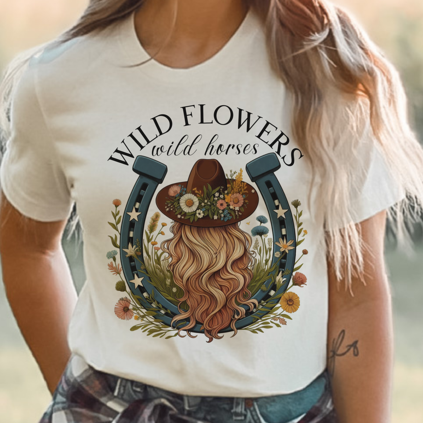 Wild Flowers and Wild Horses Country Tee Cowgirl Country Tee (Sand)