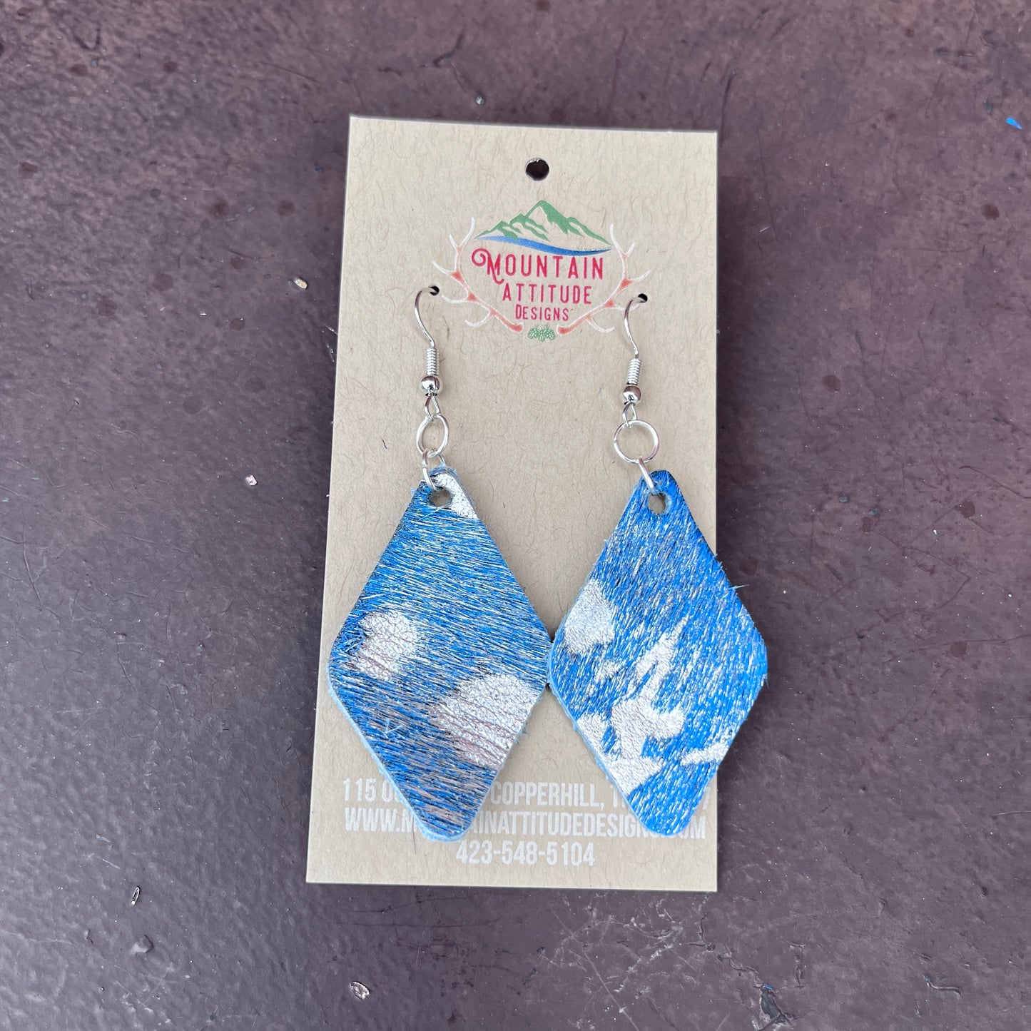 HANDMADE COWHIDE EARRINGS - BLUE & SILVER METALLIC "TERRI"