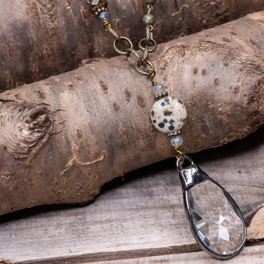 HANDMADE DALMATIAN JASPER WITH DROP CRYSTAL PENDANT BEADED & CHAIN NECKLACE