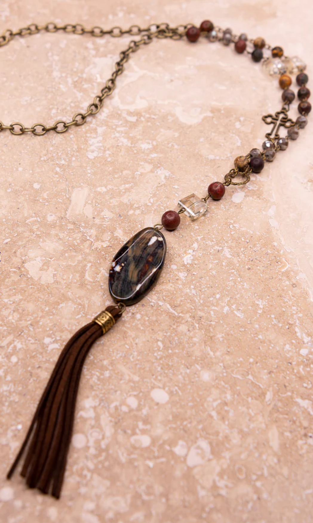 BEAD & STONE LONG OR SHORT PENDANT NECKLACE WITH TASSEL