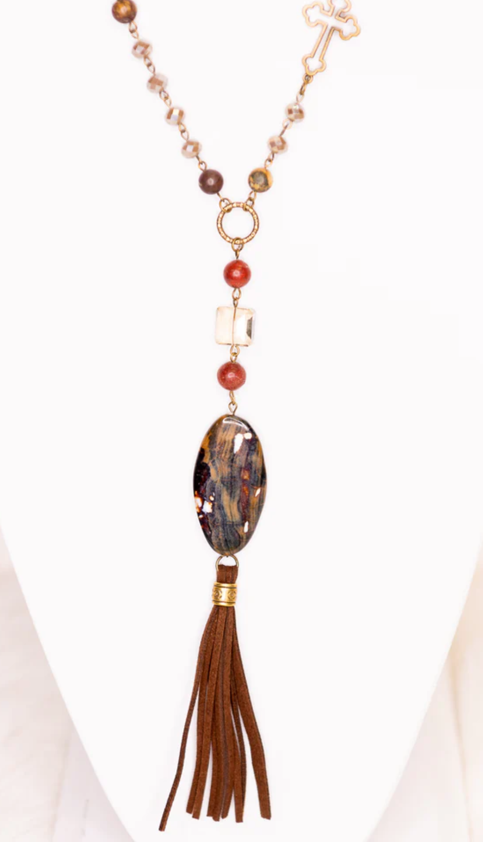 BEAD & STONE LONG OR SHORT PENDANT NECKLACE WITH TASSEL