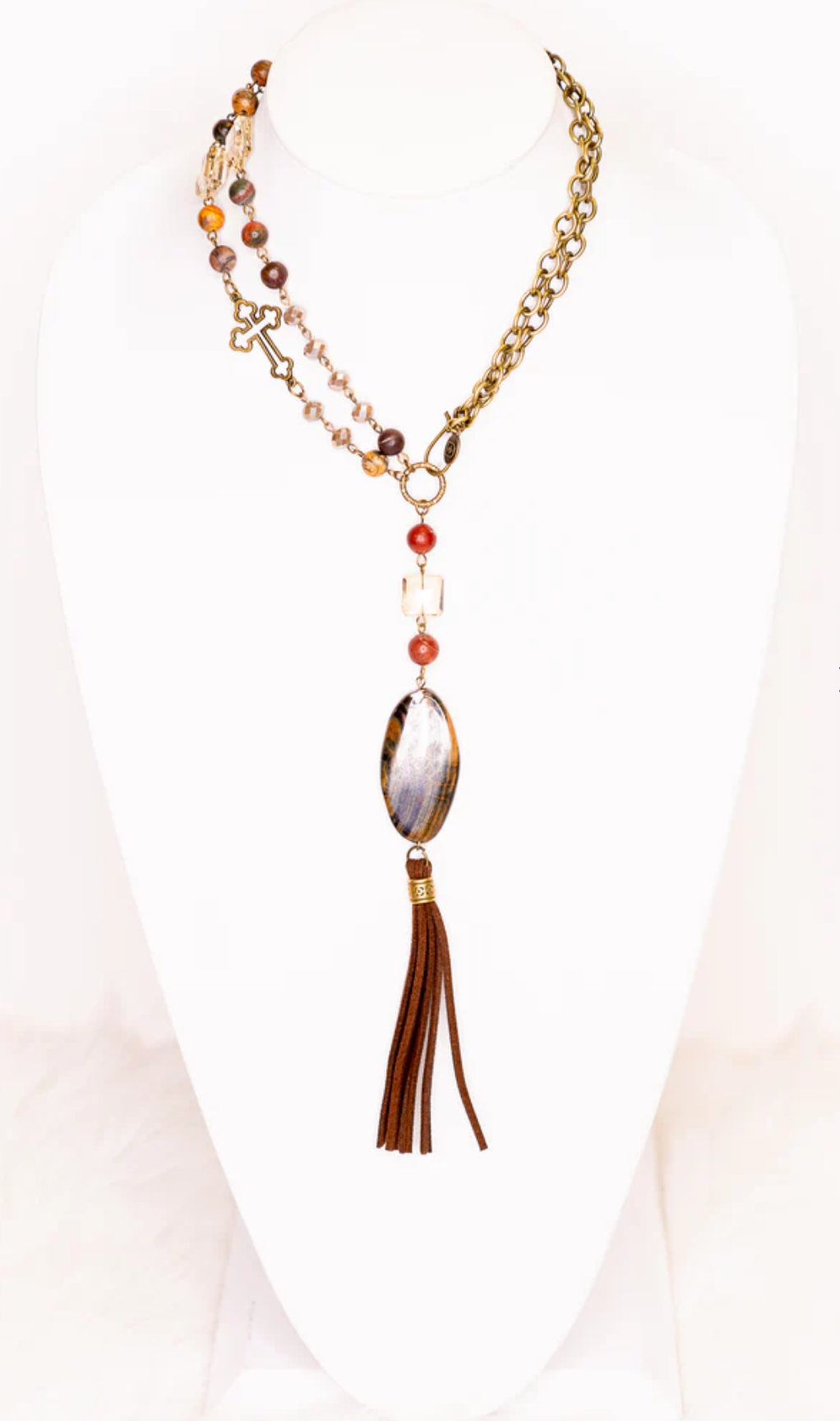 BEAD & STONE LONG OR SHORT PENDANT NECKLACE WITH TASSEL