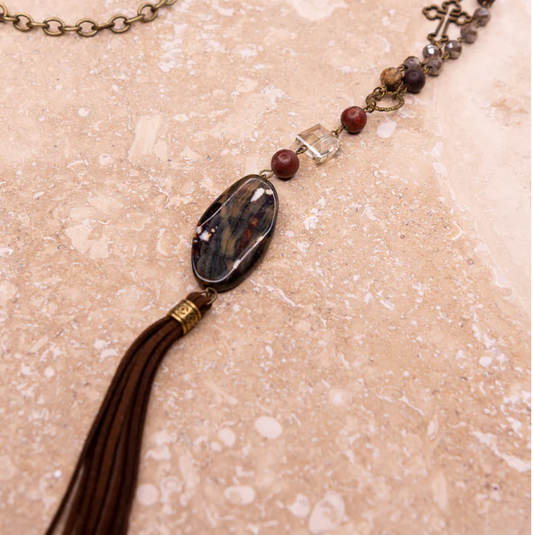 BEAD & STONE LONG OR SHORT PENDANT NECKLACE WITH TASSEL