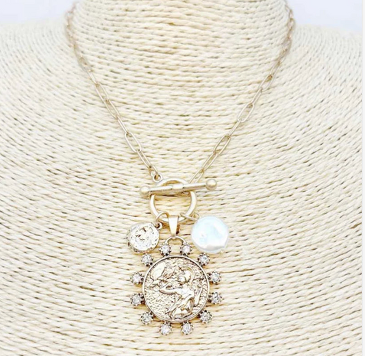 Gold Chain with Pearls and Coins Charm 16"-18" Necklace