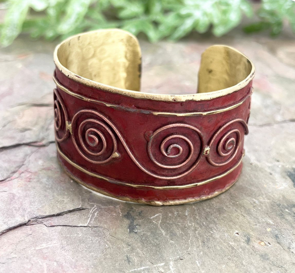 HANDCRAFTED BRASS PATINA CUFF - RED SWIRL by ANJU JEWELRY®️