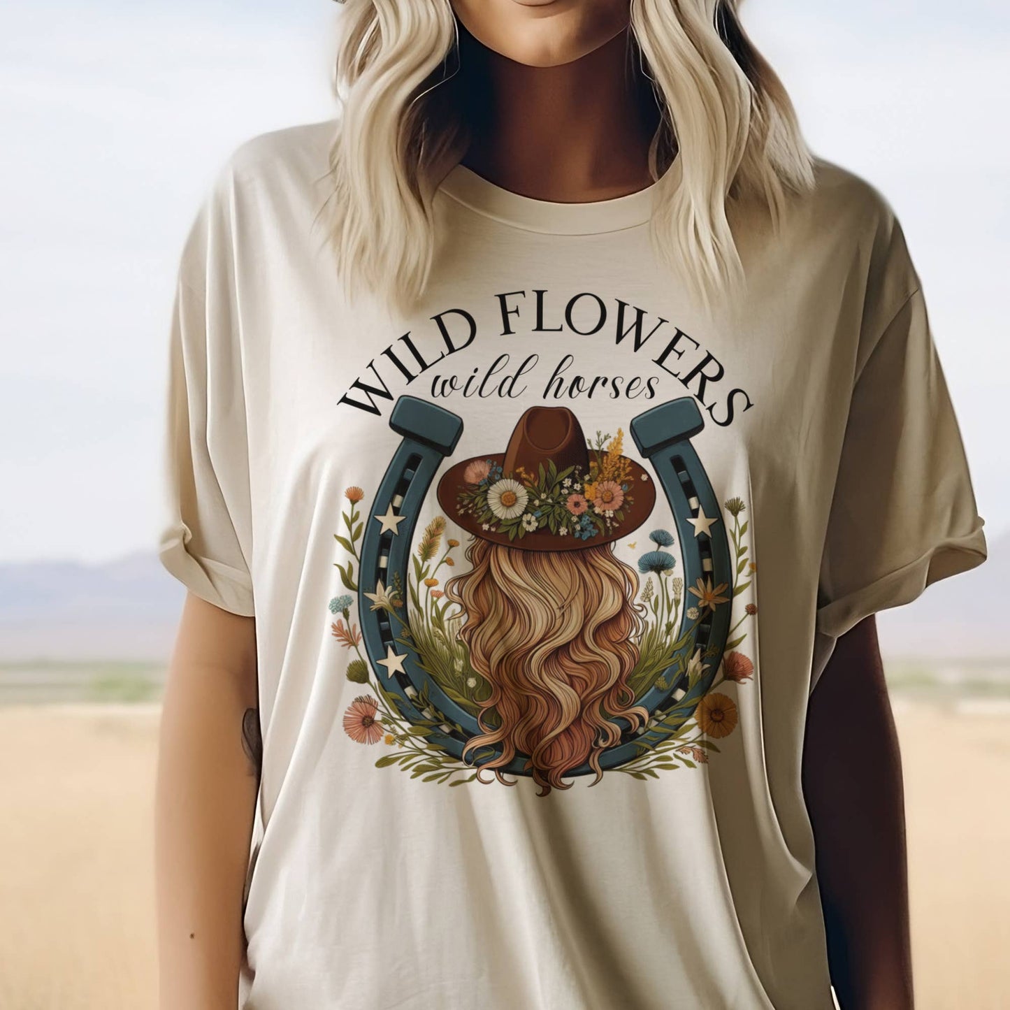 Wild Flowers and Wild Horses Country Tee Cowgirl Country Tee (Sand)