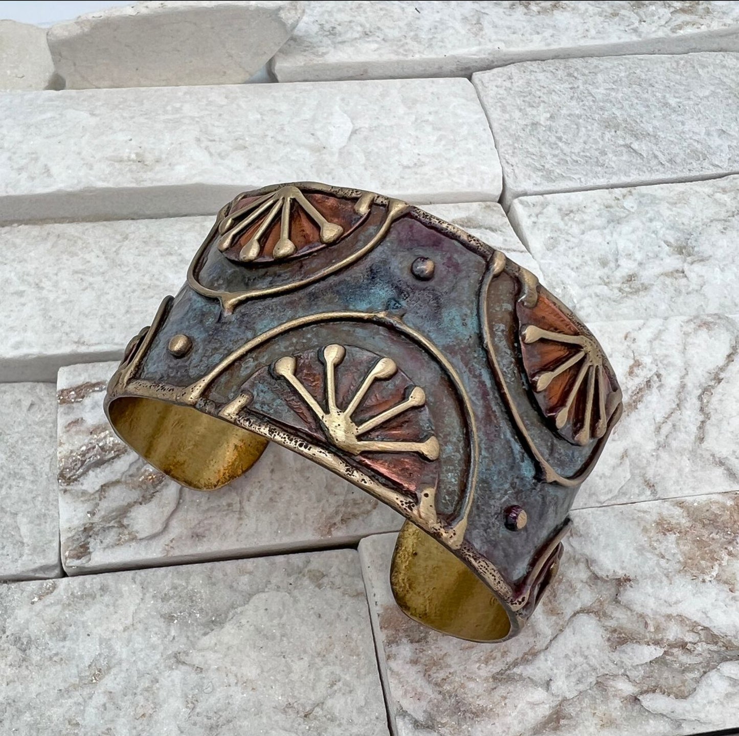 HANDCRAFTED BRASS PATINA CUFF - RUSTIC BLUE RISING SUN by ANJU JEWELRY®️