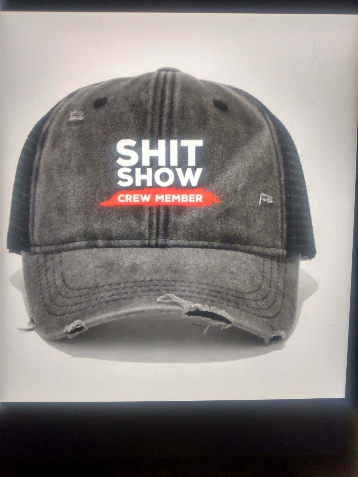 SHIT SHOW CREW MEMBER 6-PANEL VINTAGE DISTRESSED MESH BASEBALL HAT