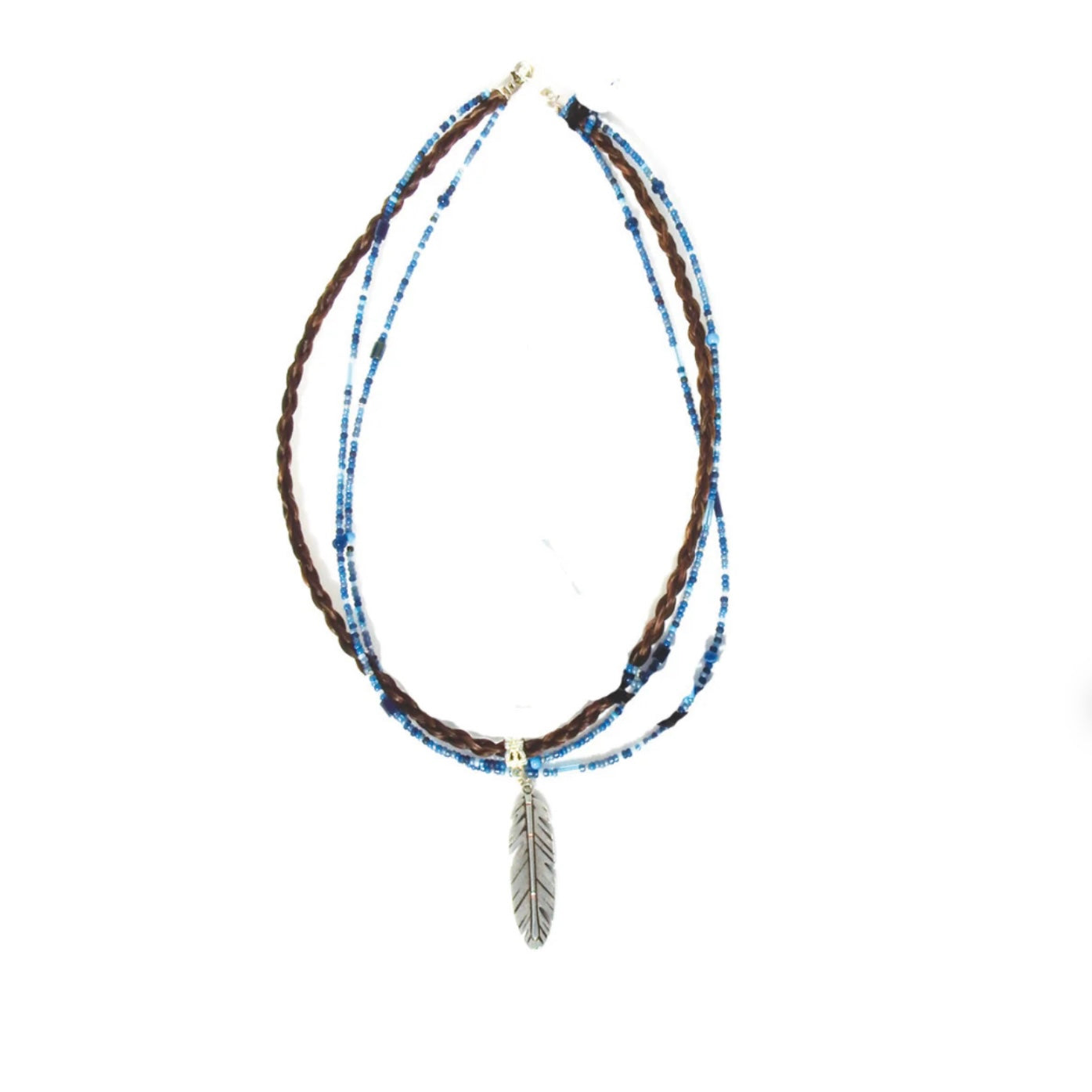 HANDCRAFTED GENUINE BRAIDED HORSEHAIR WITH SHIMMERING BLUE/SILVER BEADS & SILVER FEATHER PENDANT