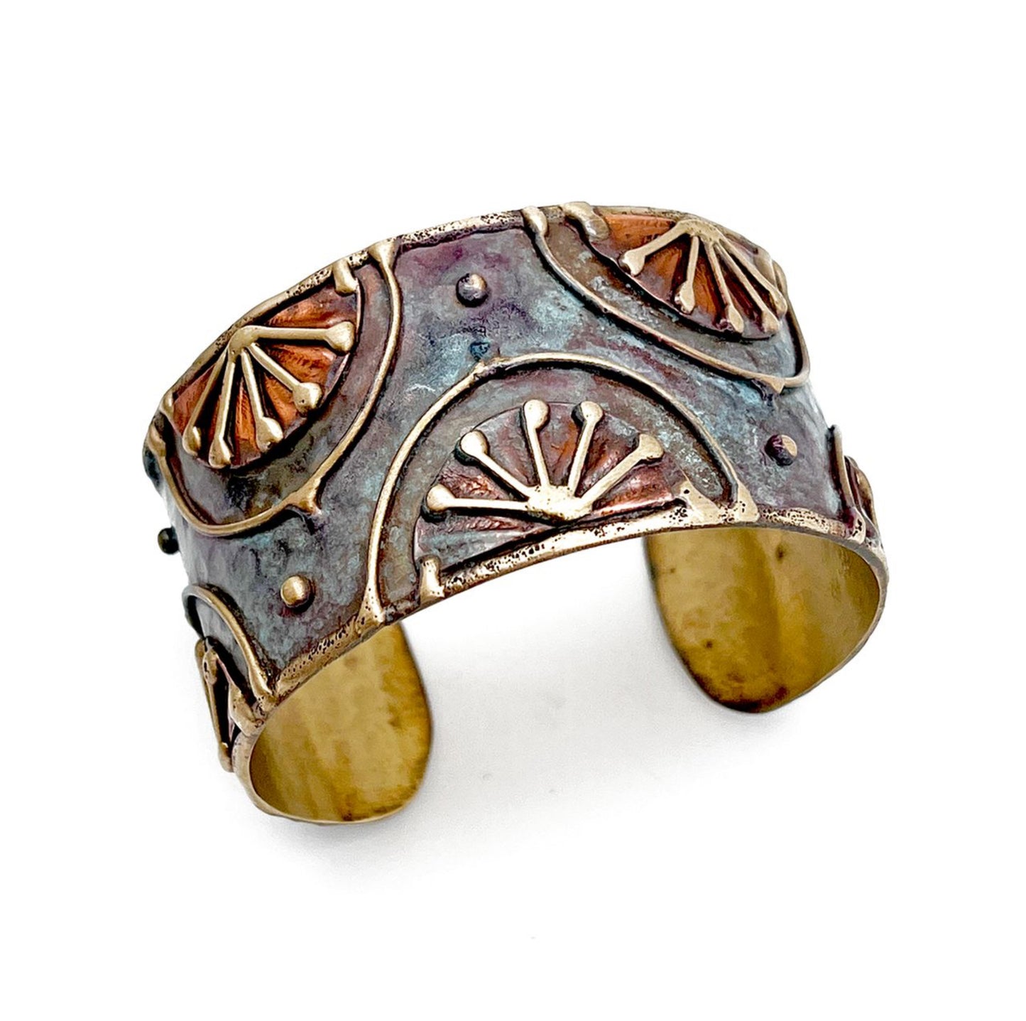 HANDCRAFTED BRASS PATINA CUFF - RUSTIC BLUE RISING SUN by ANJU JEWELRY®️