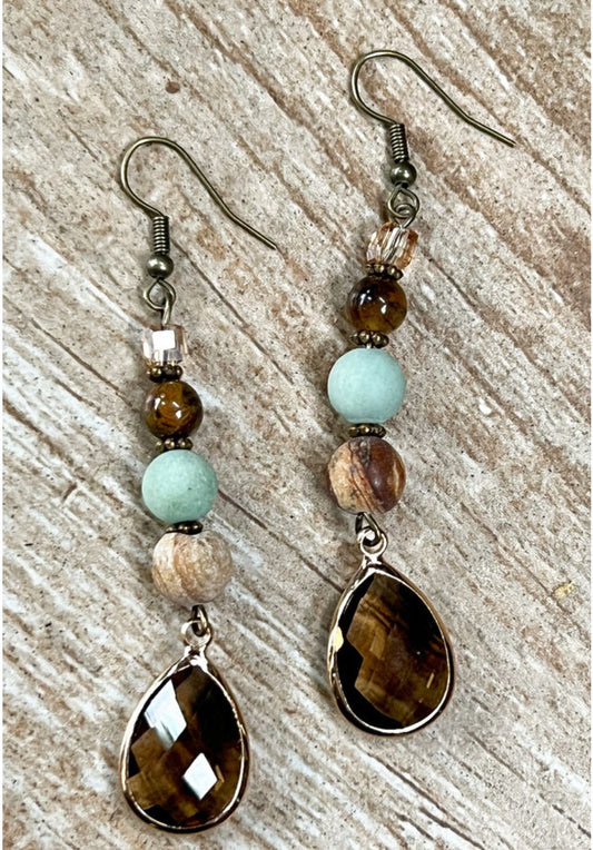 HANDCRAFTED TIGER EYE AMAZONITE & GLASS BEAD DANGLE CHARM EARRINGS