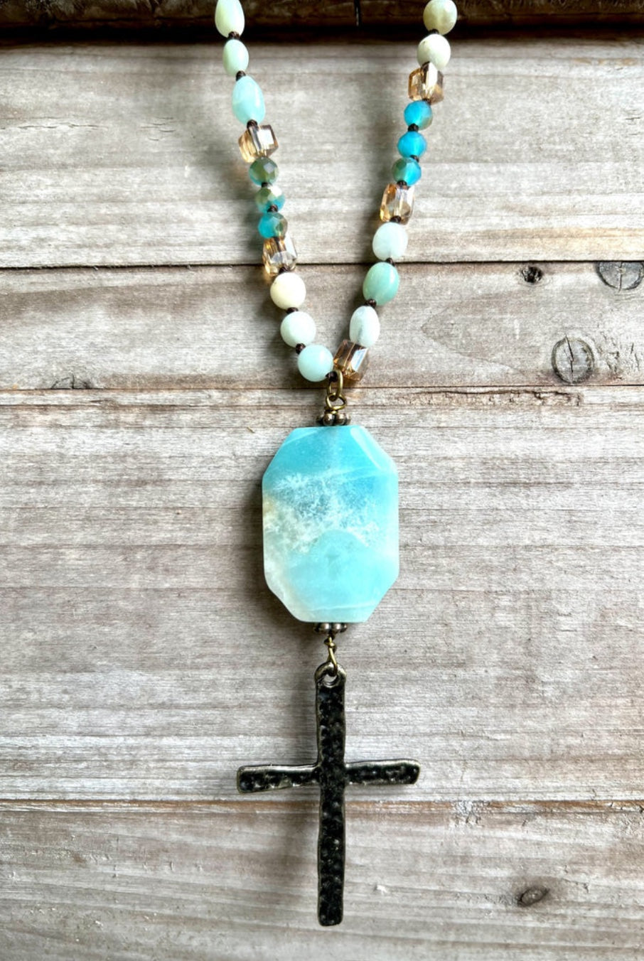 HANDCRAFTED LONG SKINNY NATURAL STONE AMAZONITE NECKLACE WITH BRONZE HAMMERED CROSS PENDANT