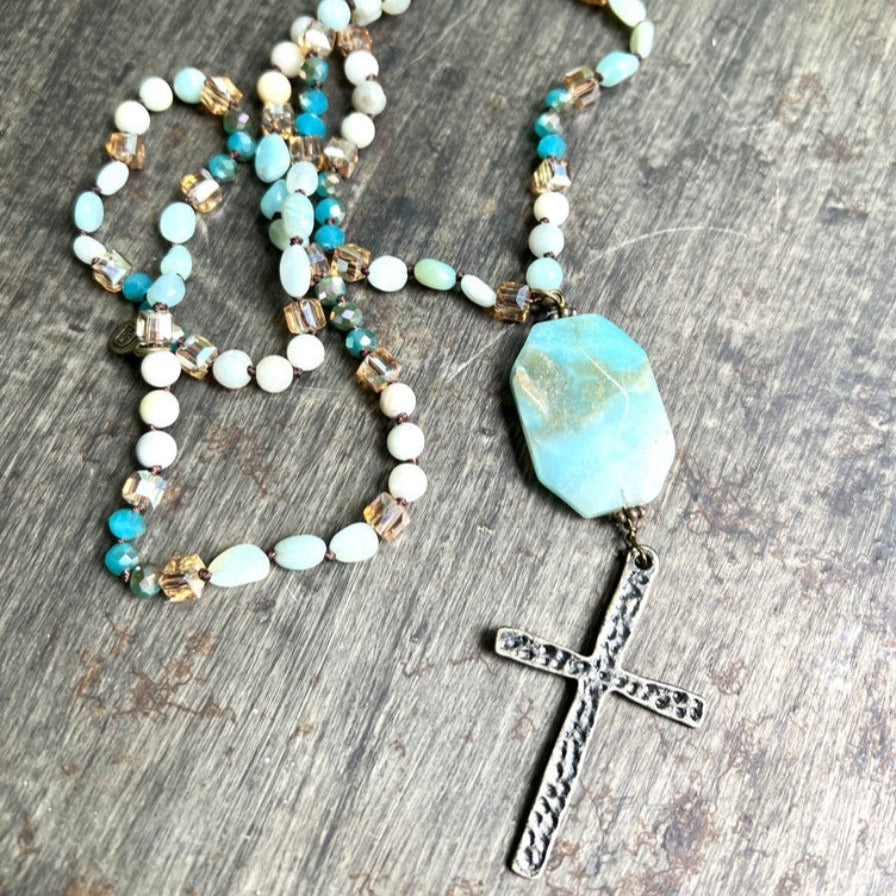 HANDCRAFTED LONG SKINNY NATURAL STONE AMAZONITE NECKLACE WITH BRONZE HAMMERED CROSS PENDANT