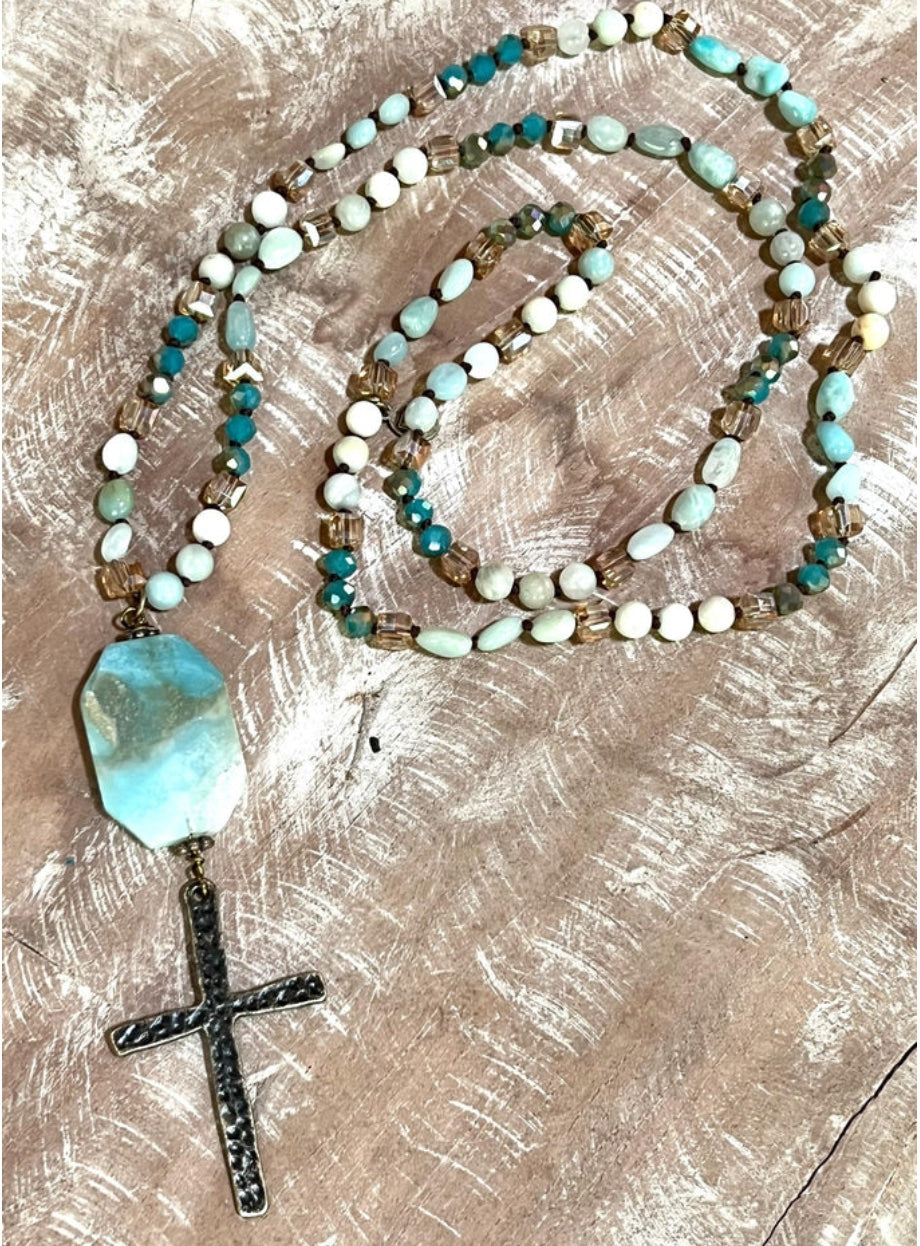 HANDCRAFTED LONG SKINNY NATURAL STONE AMAZONITE NECKLACE WITH BRONZE HAMMERED CROSS PENDANT