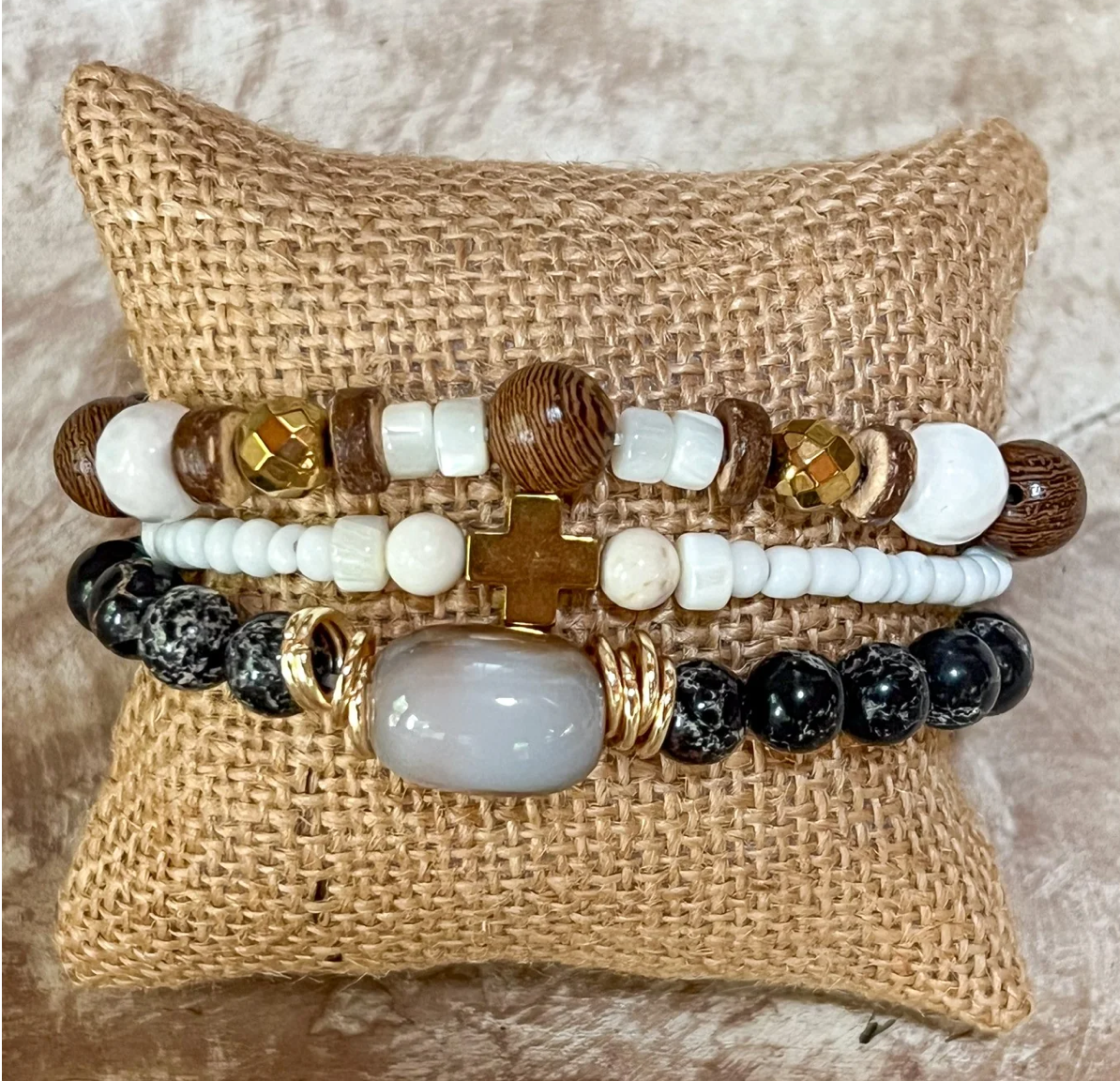 NATURAL STONE WOOD BEAD 3-SET STRETCHABLE BRACELETS