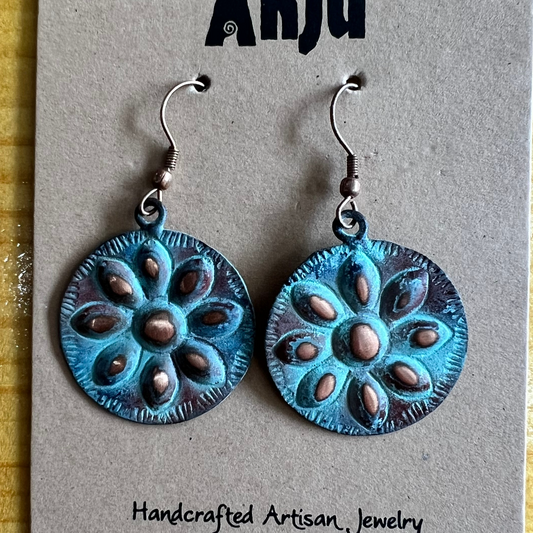 ARTISAN CRAFTED COPPER PATINA EARRINGS - BLUE FLOWER by ANJU JEWELRY®