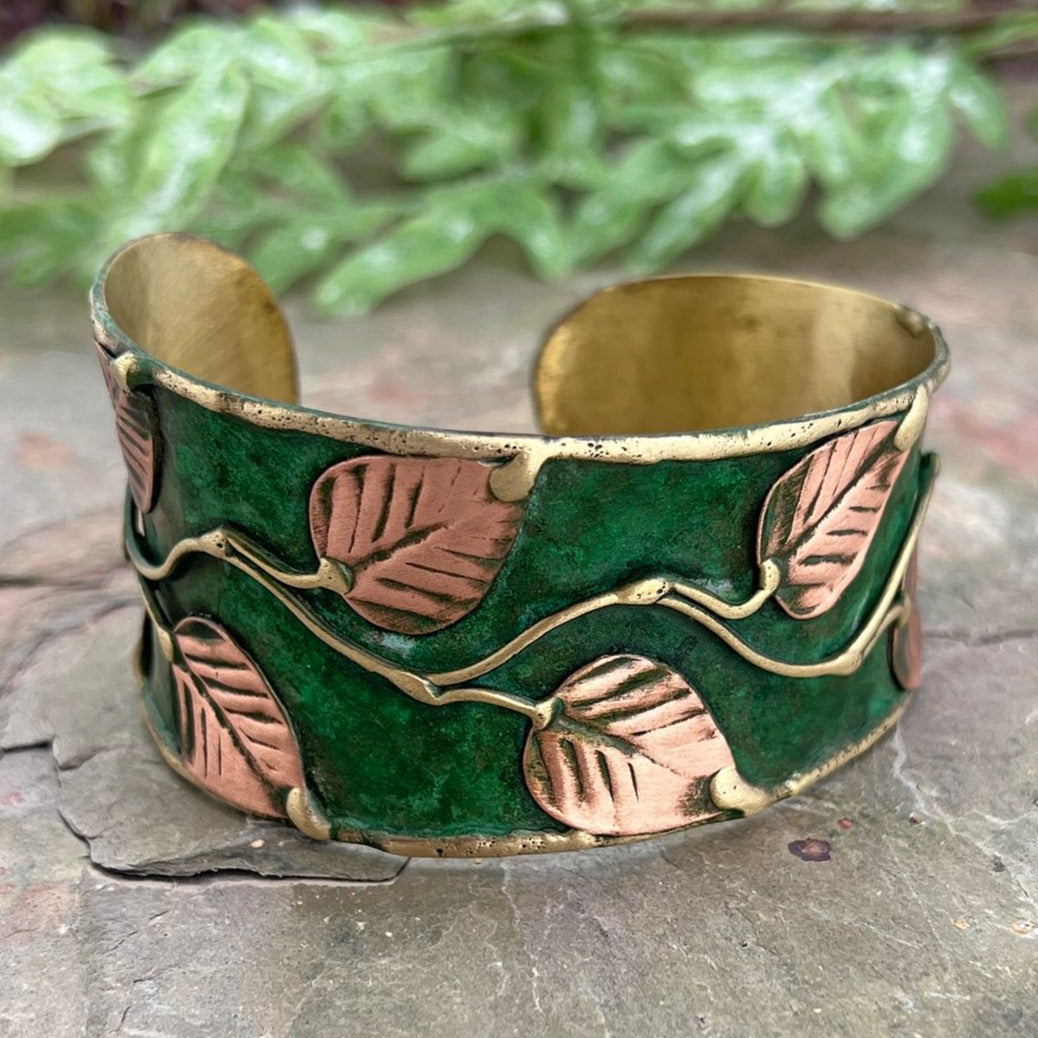 HANDCRAFTED BRASS PATINA CUFF-GREEN LEAF and VINES by ANJU JEWELRY®