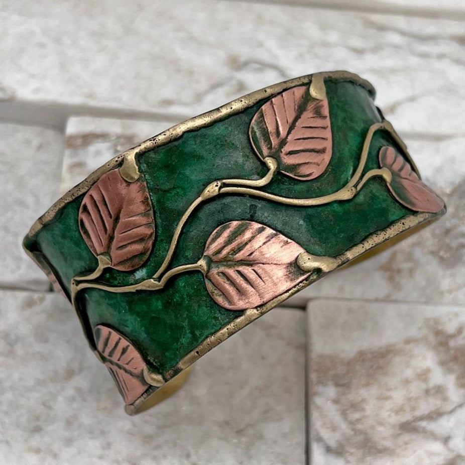 HANDCRAFTED BRASS PATINA CUFF-GREEN LEAF and VINES by ANJU JEWELRY®