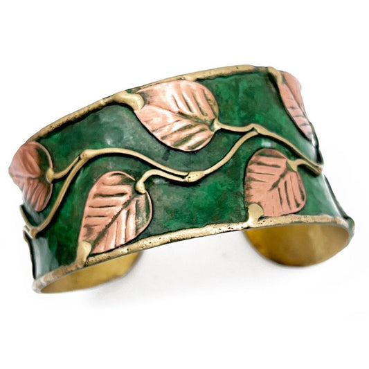 HANDCRAFTED BRASS PATINA CUFF-GREEN LEAF and VINES by ANJU JEWELRY®