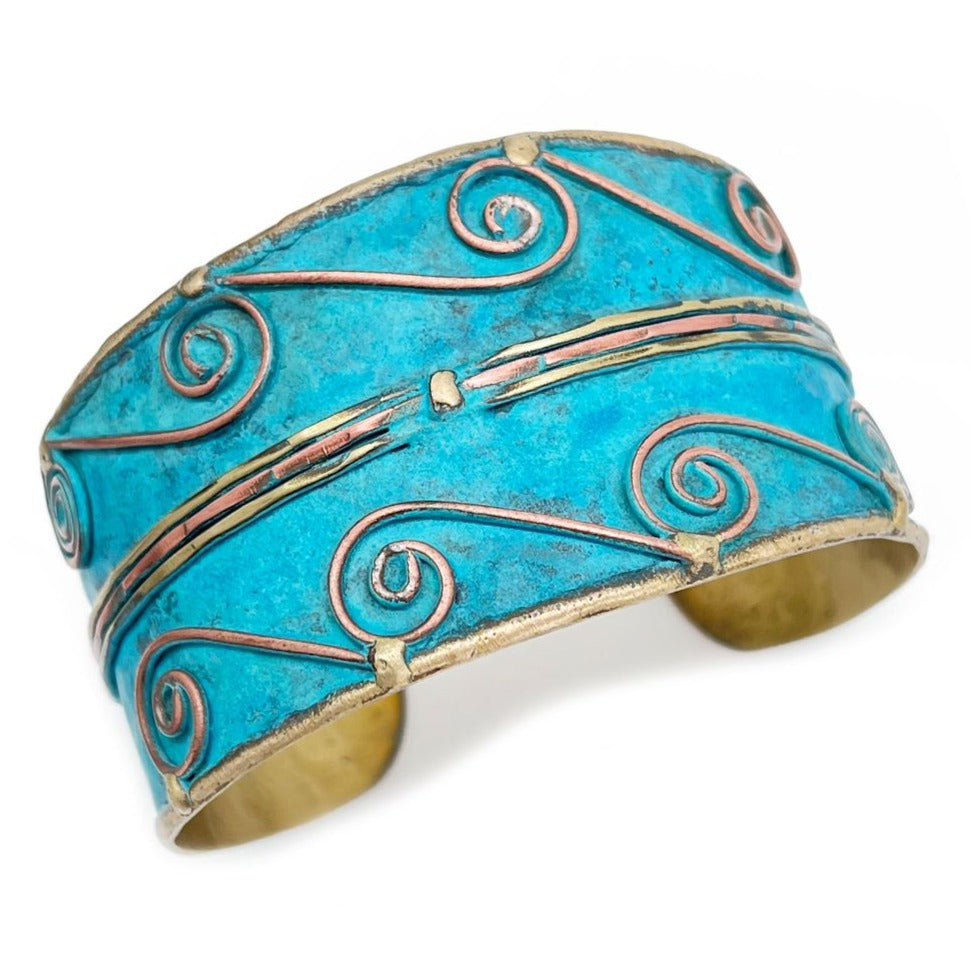 HANDCRAFTED BRASS PATINA CUFF-TURQUOISE SWIRLS by ANJU JEWELRY®