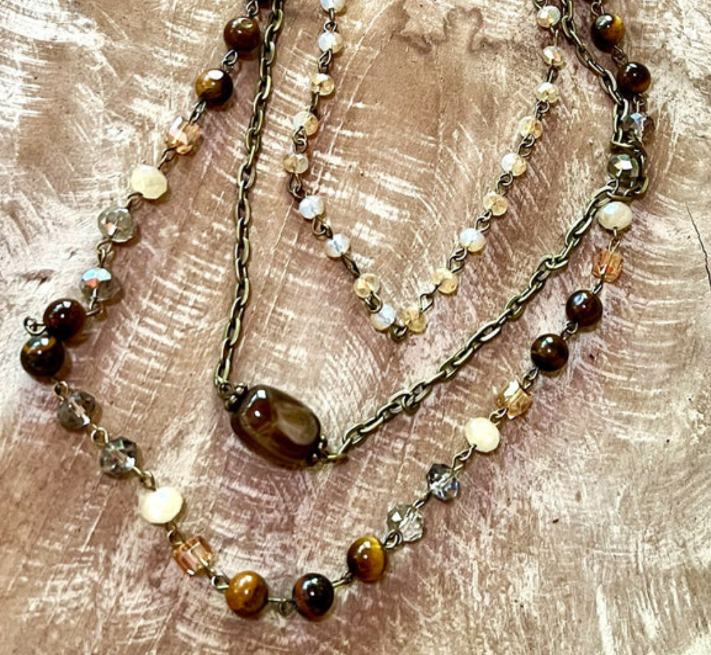 HANDMADE TIGER EYE NATURAL STONE & GLASS BEAD NECKLACE/BRACELET - WEAR 5 DIFFERENT WAYS