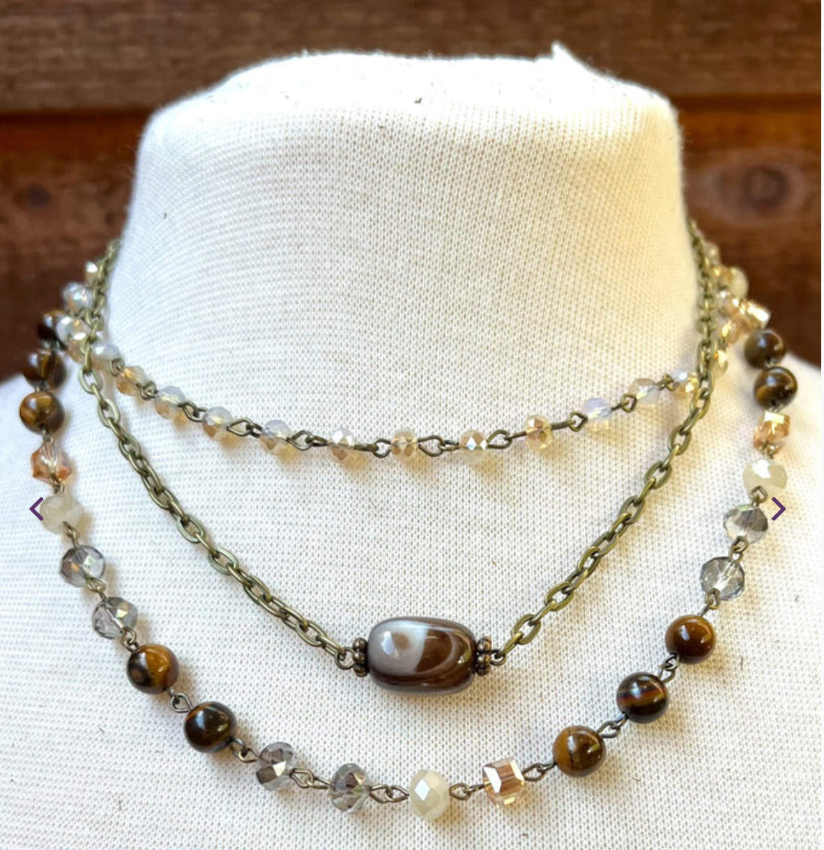 HANDMADE TIGER EYE NATURAL STONE & GLASS BEAD NECKLACE/BRACELET - WEAR 5 DIFFERENT WAYS