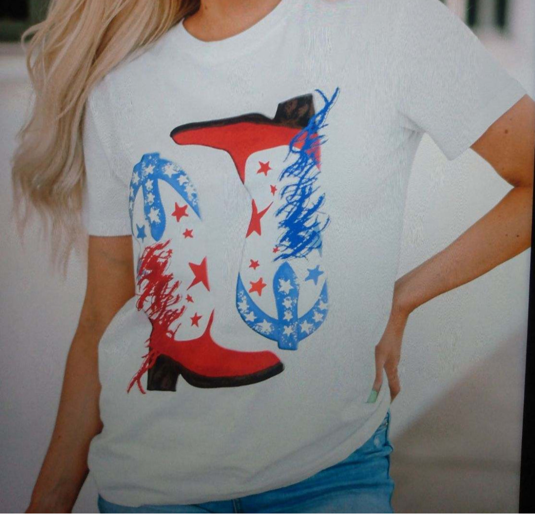 WOMEN'S RED WHITE & BLUE STAR & TASSEL DOUBLE BOOT WHITE SHORT SLEEVE GRAPHIC T-SHIRT