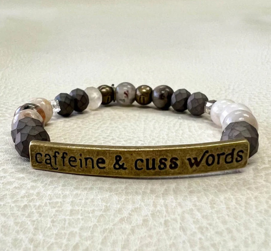 SASSY SEMI-PRECIOUS STONE "CAFFEINE & CUSS WORDS" BRACELET -  HANDMADE JEWELRY