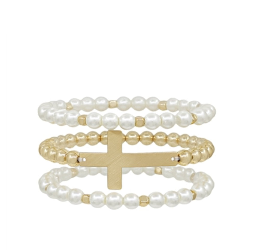WATER RESISTANT SET OF 3 CROSS AND PEARL STRETCH BRACELETS