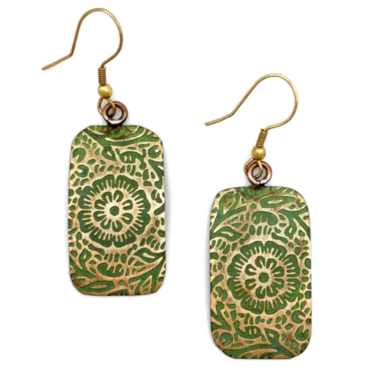 ARTISAN CRAFTED BRASS PATINA EARRINGS – CHARTREUSE FLORAL SCROLLWORK by ANJU JEWELRY®
