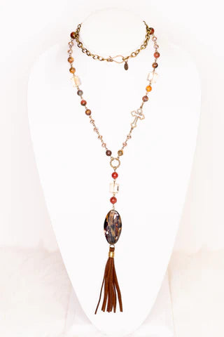 BEAD & STONE LONG OR SHORT PENDANT NECKLACE WITH TASSEL