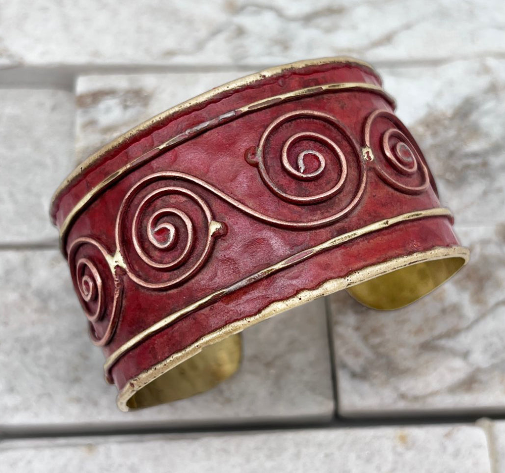 HANDCRAFTED BRASS PATINA CUFF - RED SWIRL by ANJU JEWELRY®️