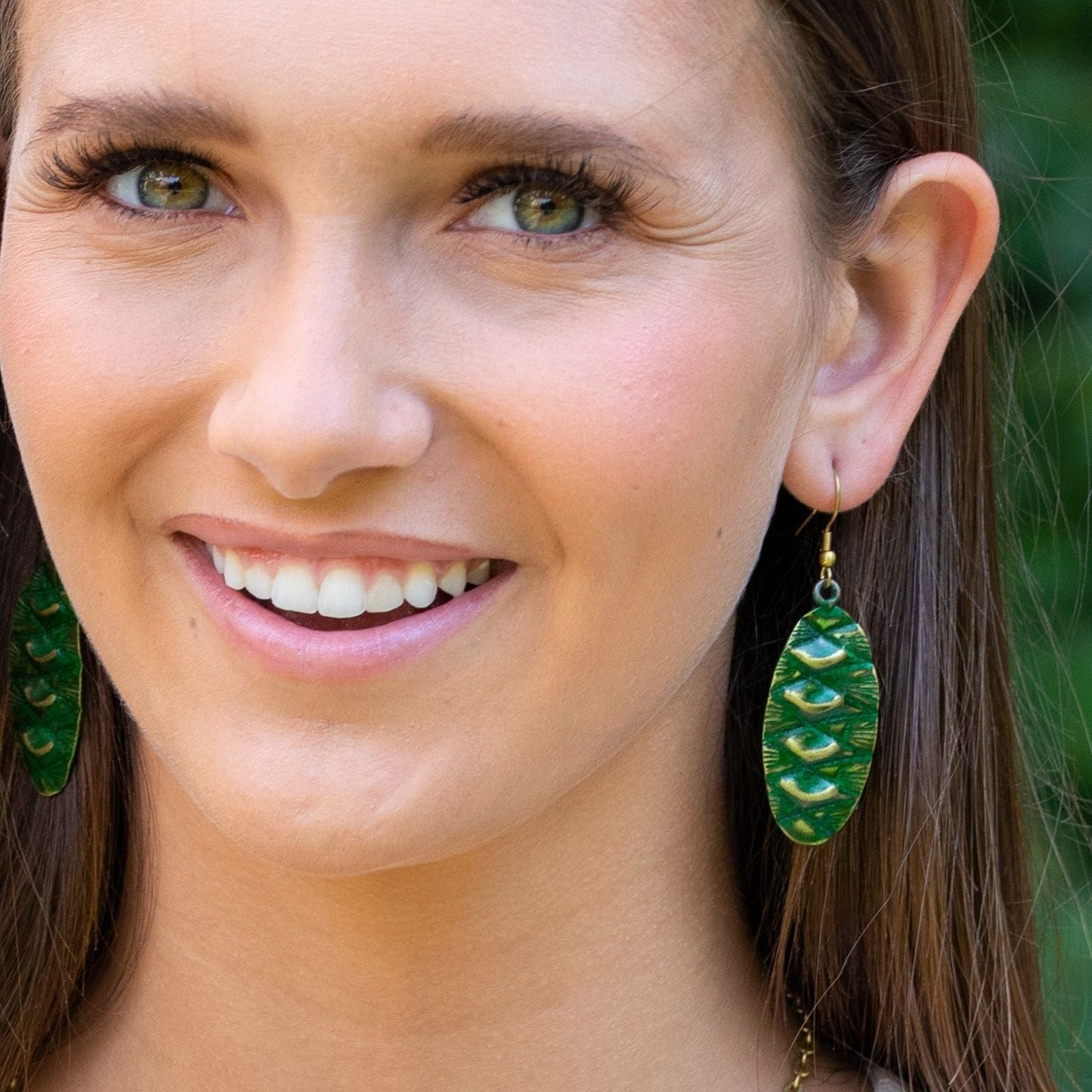 ARTISAN CRAFTED BRASS PATINA EARRINGS – GREEN OVAL WITH DIAMONDS AND MOONS by ANJU JEWELRY®