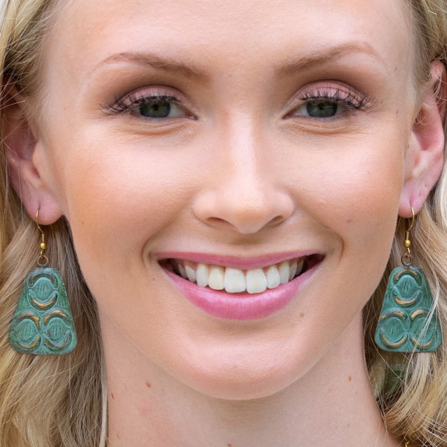 ARTISAN CRAFTED BRASS PATINA EARRINGS – TURQUOISE WITH MIRRORED CRESCENTS by ANJU JEWELRY®