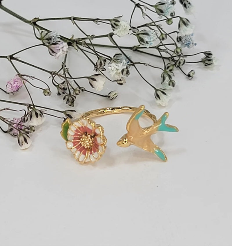 HANDCRAFTED BIRD RING 3D FLOWER ENAMEL - Limited