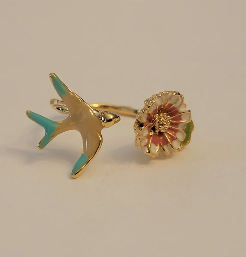 HANDCRAFTED BIRD RING 3D FLOWER ENAMEL - Limited