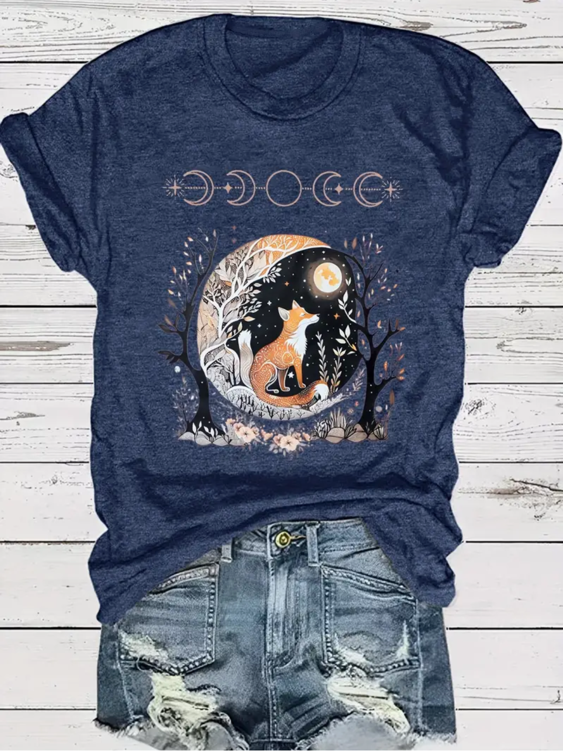 RED FOX WITH MOON ON A STARRY FALL NIGHT PRINT CREW NECK COMFORT T-SHIRT