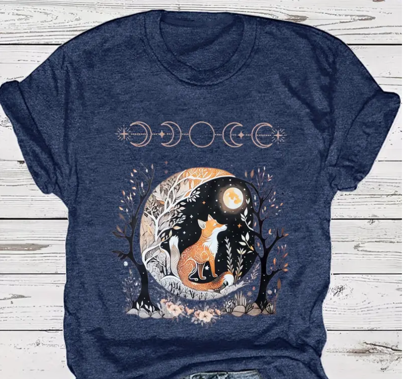 RED FOX WITH MOON ON A STARRY FALL NIGHT PRINT CREW NECK COMFORT T-SHIRT