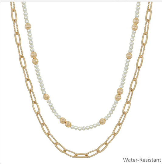 Water Resistant Double Layered Pearl Beaded and Chain 16"-18" Necklace