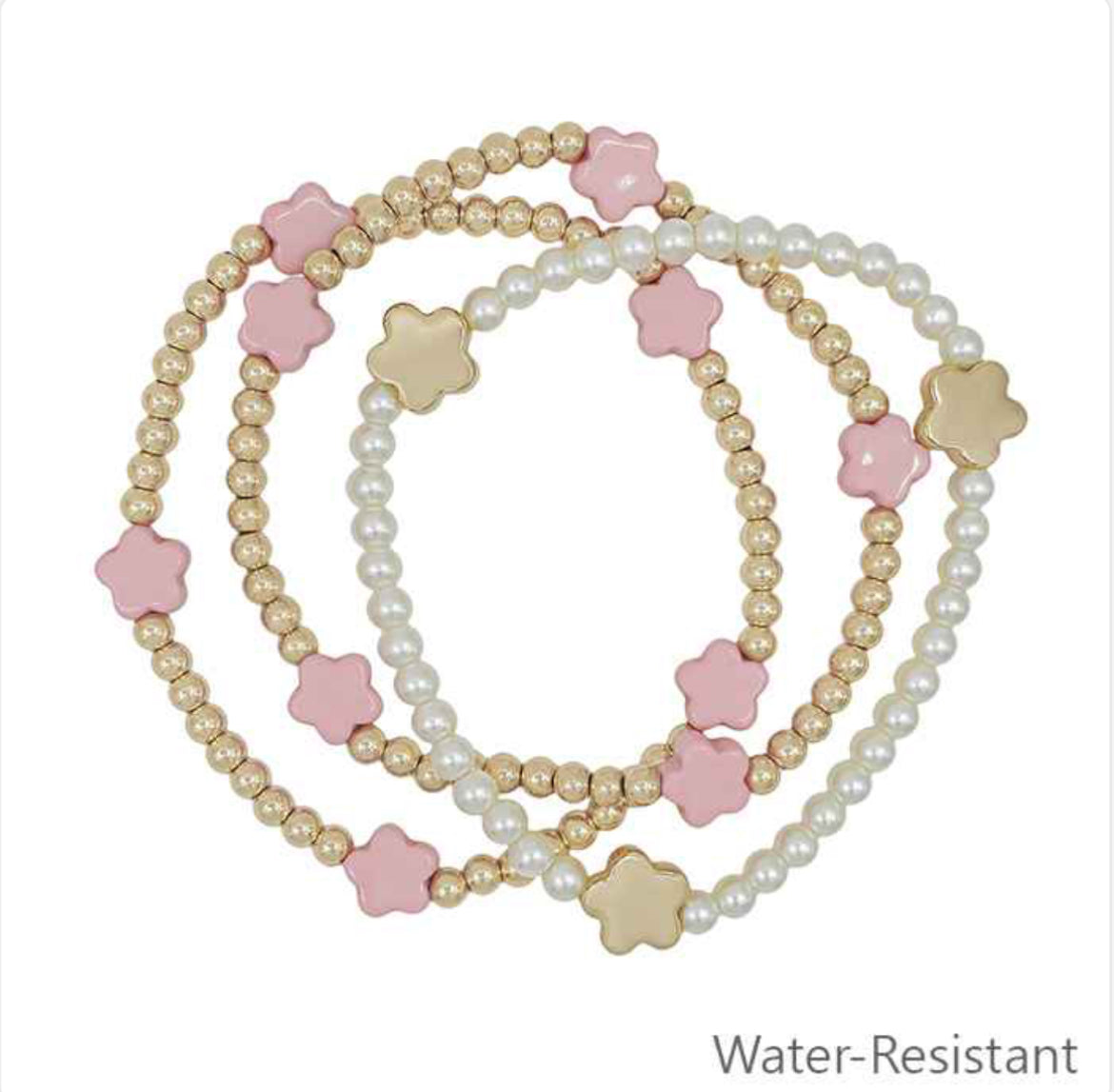 Water Resistant Gold Beaded and Pearl with Pink Flower Set of 3 Stretch Bracelets