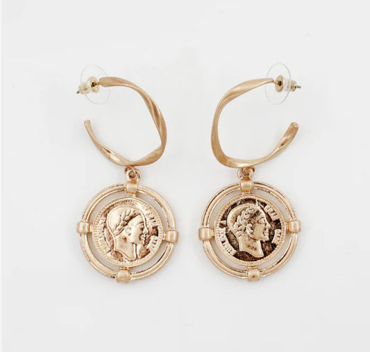 Gold Small Hoop with Worn Gold Coin 1.5" Earring