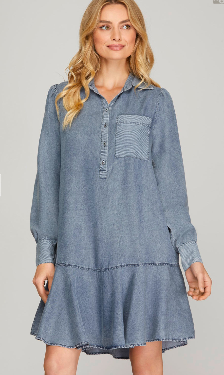 LONG SLEEVE CONTRAST DETAIL HALF BUTTON DOWN CHAMBRAY WASHED DRESS WITH POCKETS