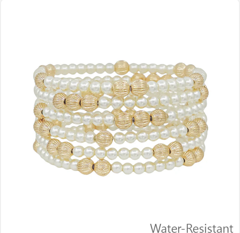 Water Resistant Gold Textured and Pearl Beaded Set of 6 Stretch Bracelets