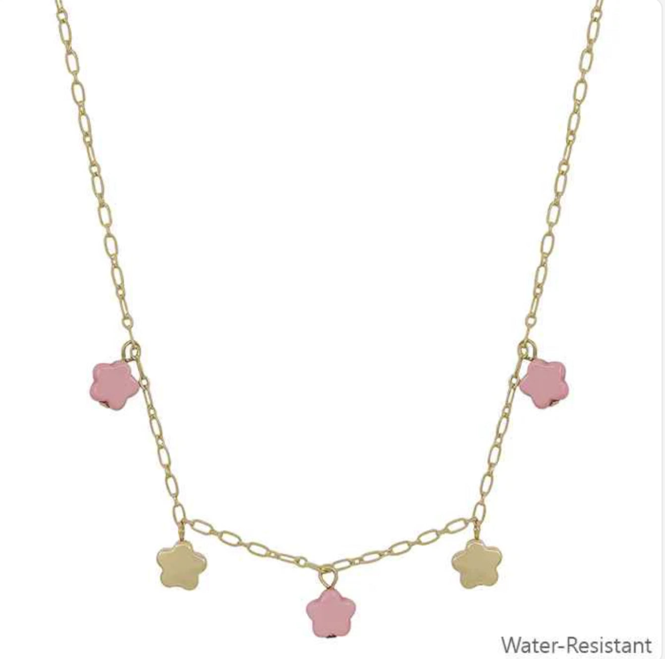 Water Resistant Gold Chain with Pink and Gold Flower Charms 16"-18" Necklace