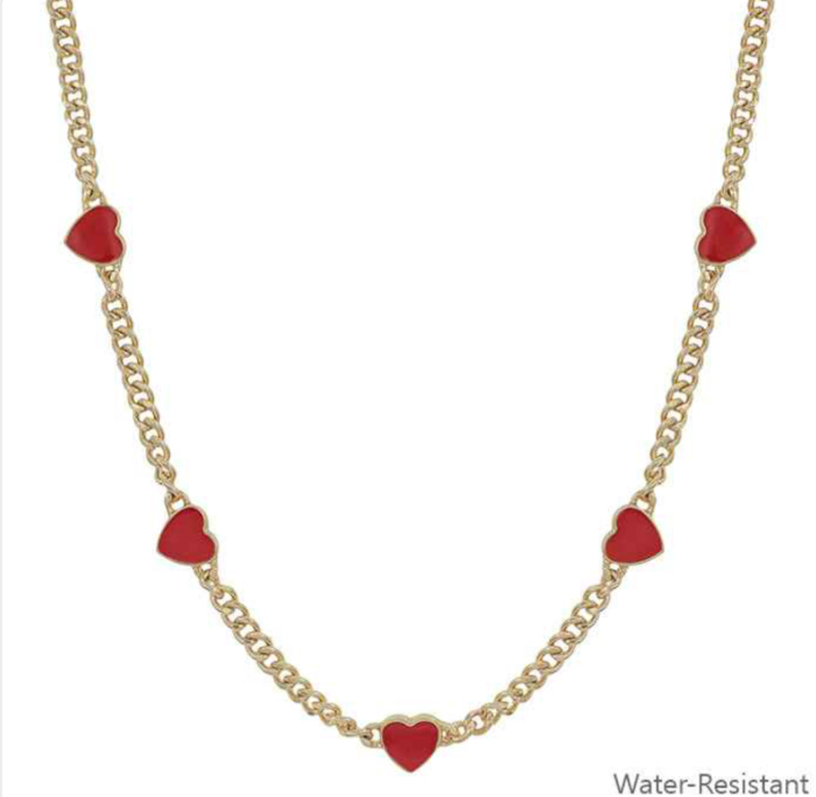 Water Resistant Gold Textured Chain with Red Epoxy Heart 16"-18" Necklace