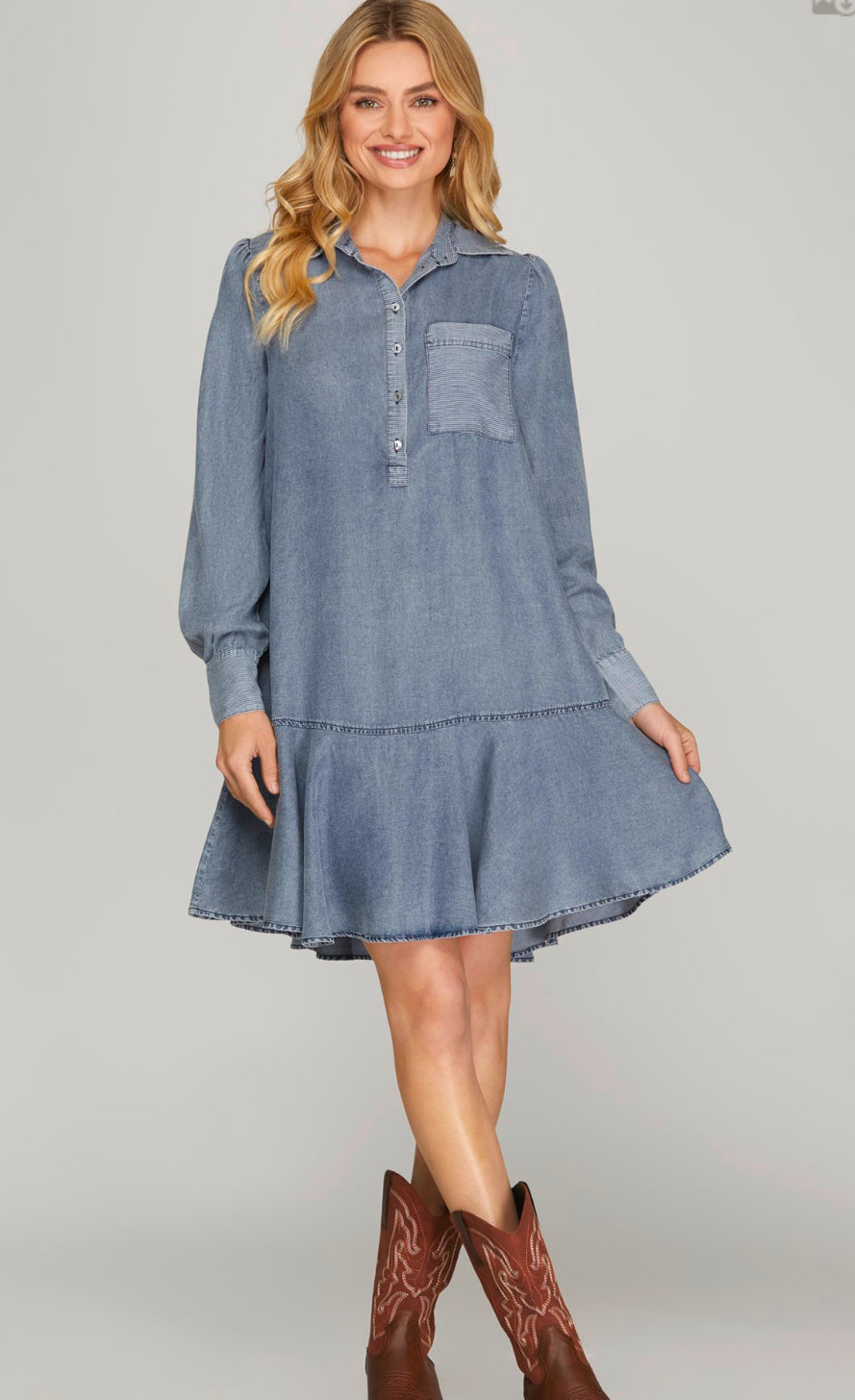 LONG SLEEVE CONTRAST DETAIL HALF BUTTON DOWN CHAMBRAY WASHED DRESS WITH POCKETS